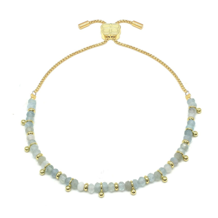 Boho Betty Harmony Aquamarine Gold Slider Bracelet. Item code BRWKAQGLDVB.