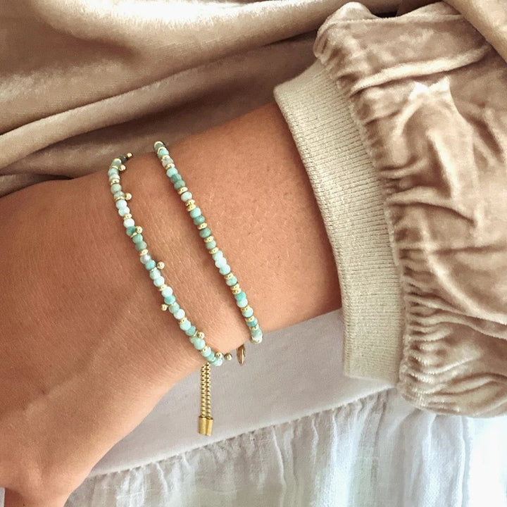 Boho Betty Harmony Amazonite Gold Slider Bracelet. Item code BRWAMGDVB.