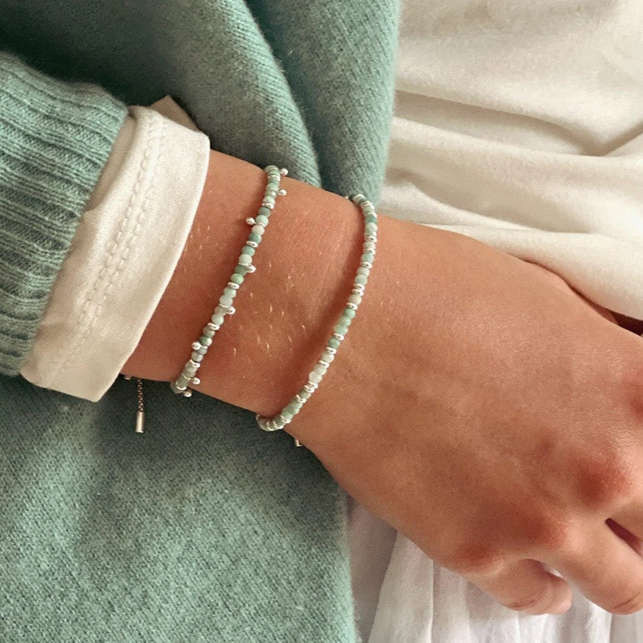 Boho Betty Mystical Amazonite Silver Slider Bracelet. Item code BRWMAMSLVB.