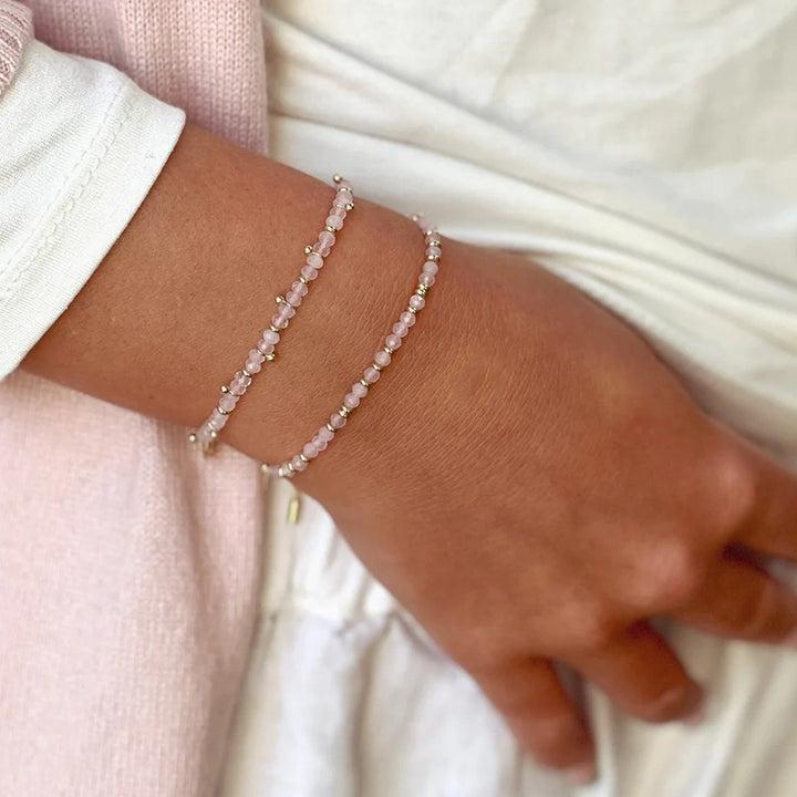 Boho Betty Mystical Rose Quartz Gold Slider Bracelet. Item code BRWMRQGDVB.