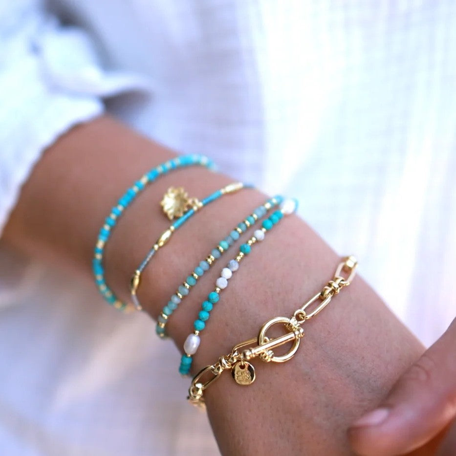 Boho Betty Mystical Turquoise Gold Slider Bracelet. Item code BRWMTQGDVB.