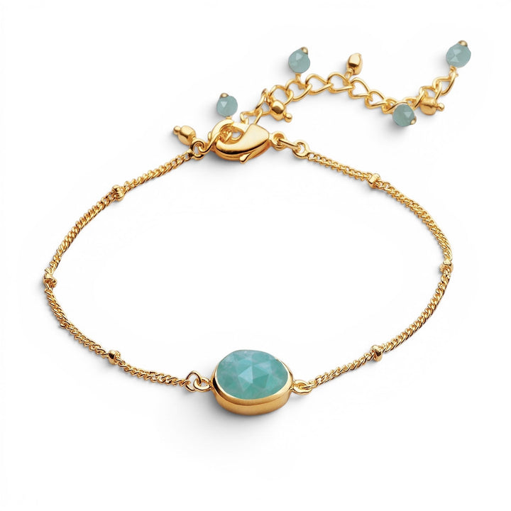 Niche Jewellery Sarah Alexander Tangiers bracelet with a faceted amazonite gemstone on an 18ct gold-plated bobble chain