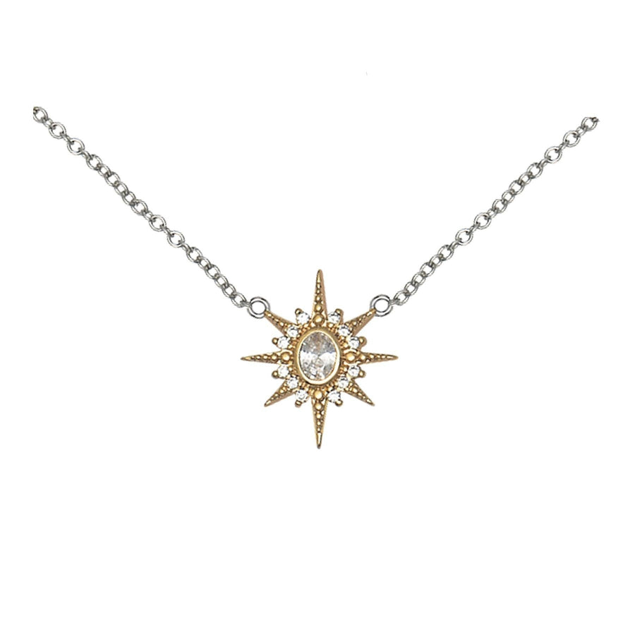 Amelia Scott Luna North Star Pendant Necklace in silver and gold with clear crystals. Features a central oval stone and starburst design.