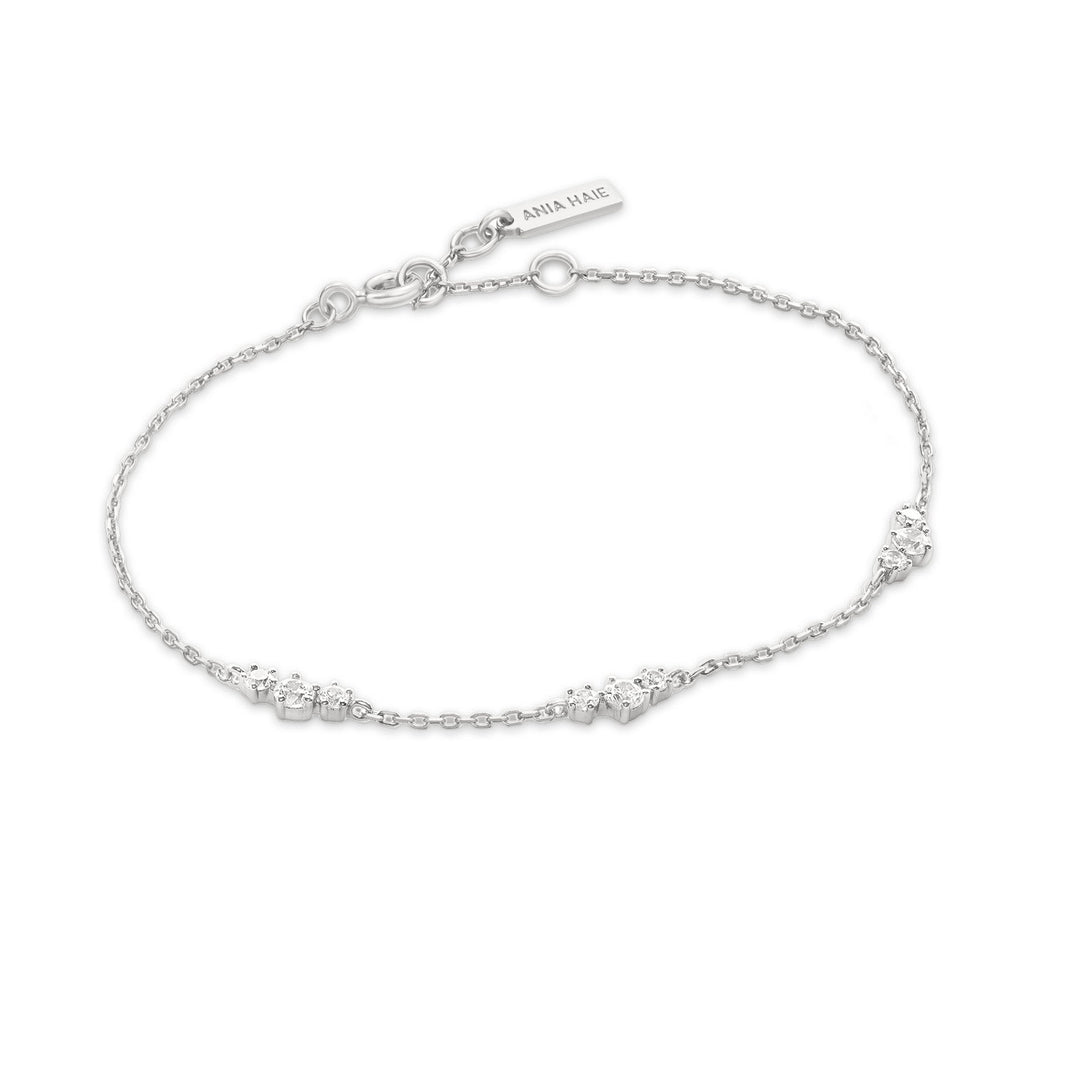 Niche Jewellery Ania Haie sterling silver chain bracelet featuring delicate cubic zirconia cluster stations.