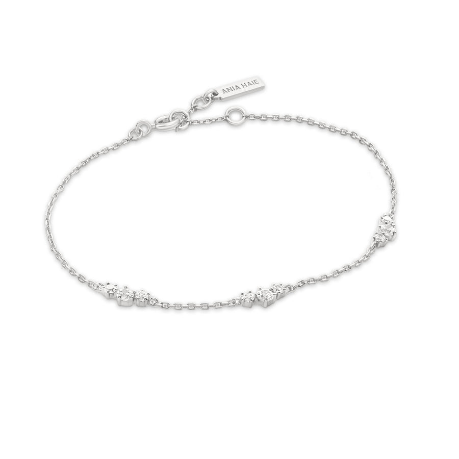 Niche Jewellery Ania Haie sterling silver chain bracelet featuring delicate cubic zirconia cluster stations.