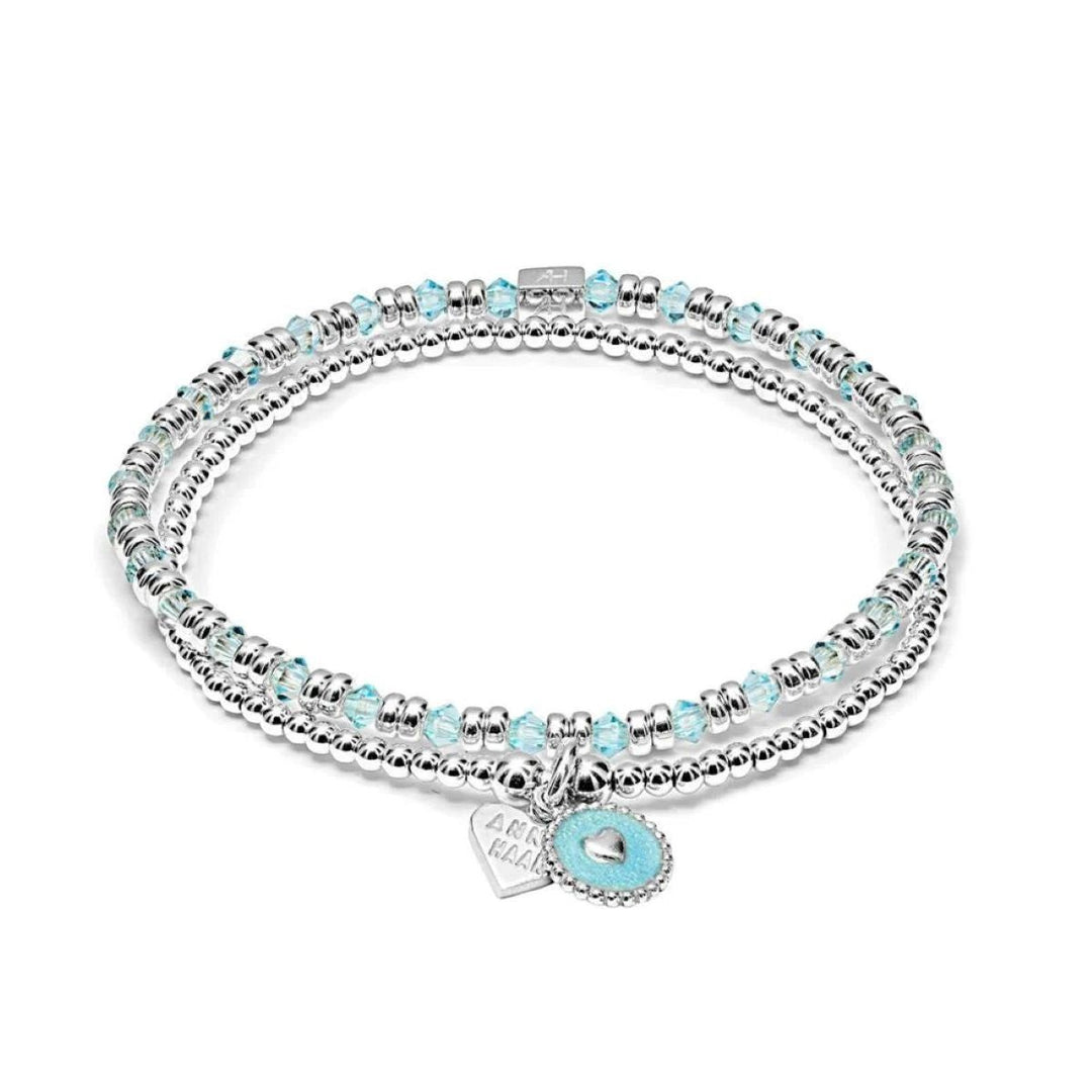 Niche Jewellery Annie Haak Kaleidoscope blue crystal and 925 sterling silver beaded bracelet stack with charm