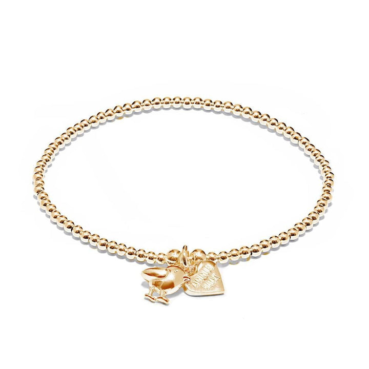 Niche Jewellery Annie Haak gold-plated silver beaded Santeenie bracelet with a delicate robin and heart charm.