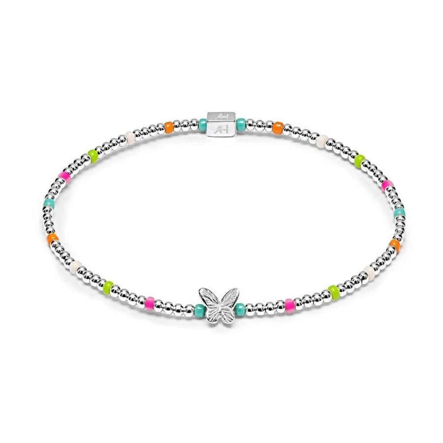 Niche Jewellery Annie Haak Papillon bracelet with sterling silver beads, neon accents, and a butterfly charm.