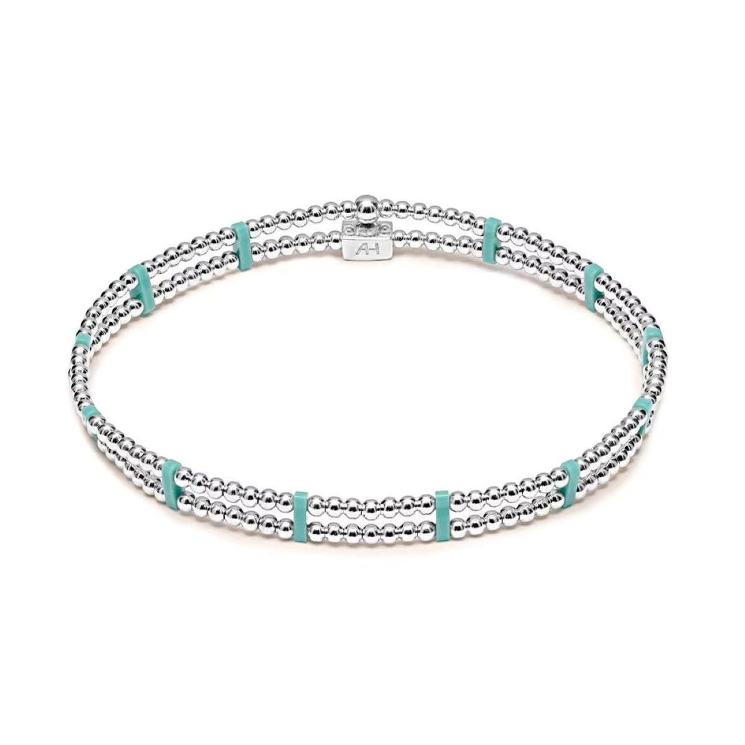Niche Jewellery Annie Haak double-strand sterling silver bracelet with turquoise Miyuki beads on a stretch fit.