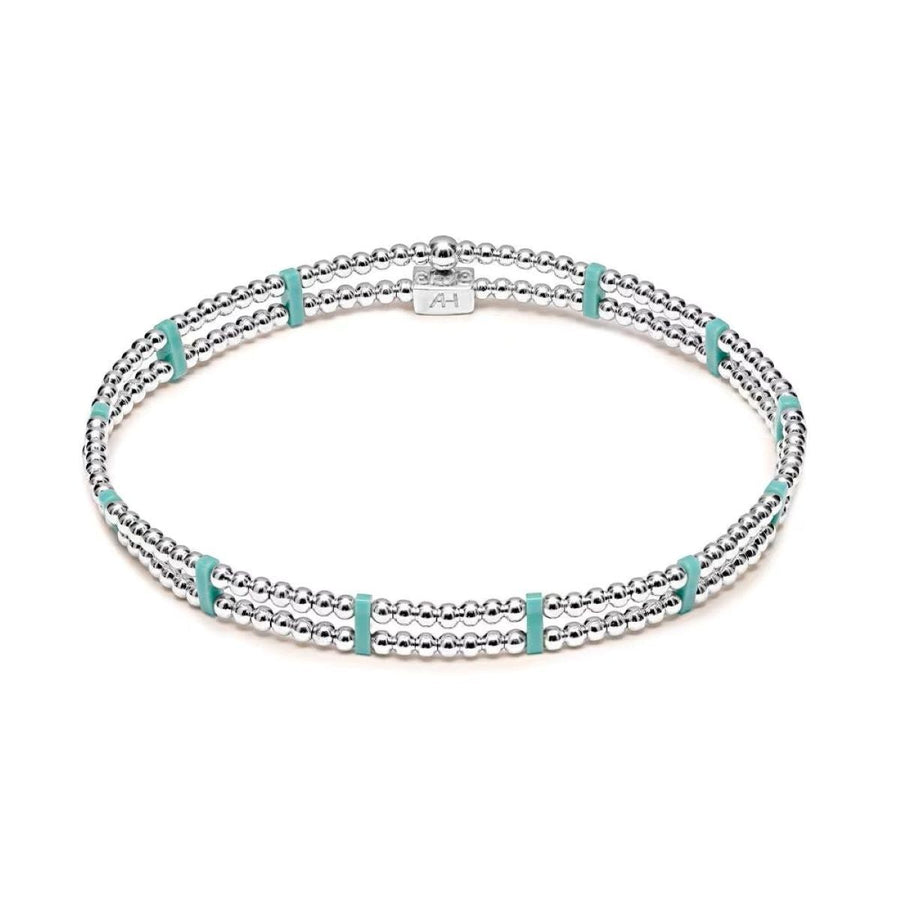 Niche Jewellery Annie Haak double-strand sterling silver bracelet with turquoise Miyuki beads on a stretch fit.