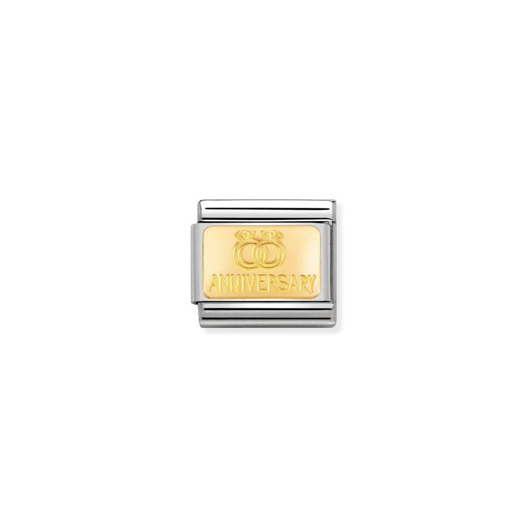 Niche Jewellery stainless steel and 18k gold charm with two gold wedding rings and 'Anniversary' engraved.