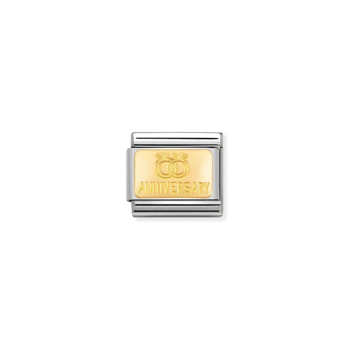 Niche Jewellery stainless steel and 18k gold charm with two gold wedding rings and 'Anniversary' engraved.