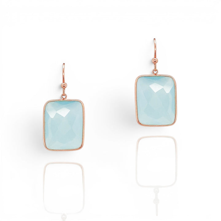 Niche Jewellery Sarah Alexander square aqua chalcedony drop earrings in 18ct rose gold plated sterling silver.