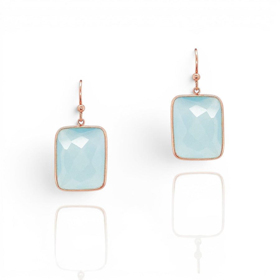 Niche Jewellery Sarah Alexander square aqua chalcedony drop earrings in 18ct rose gold plated sterling silver.