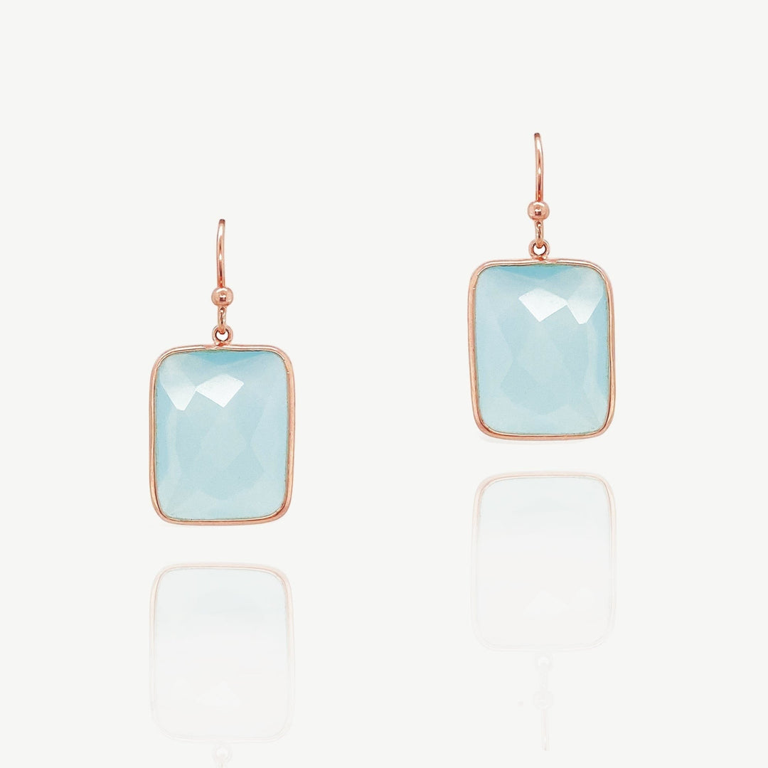 Niche Jewellery Sarah Alexander square aqua chalcedony drop earrings in 18ct rose gold plated sterling silver.