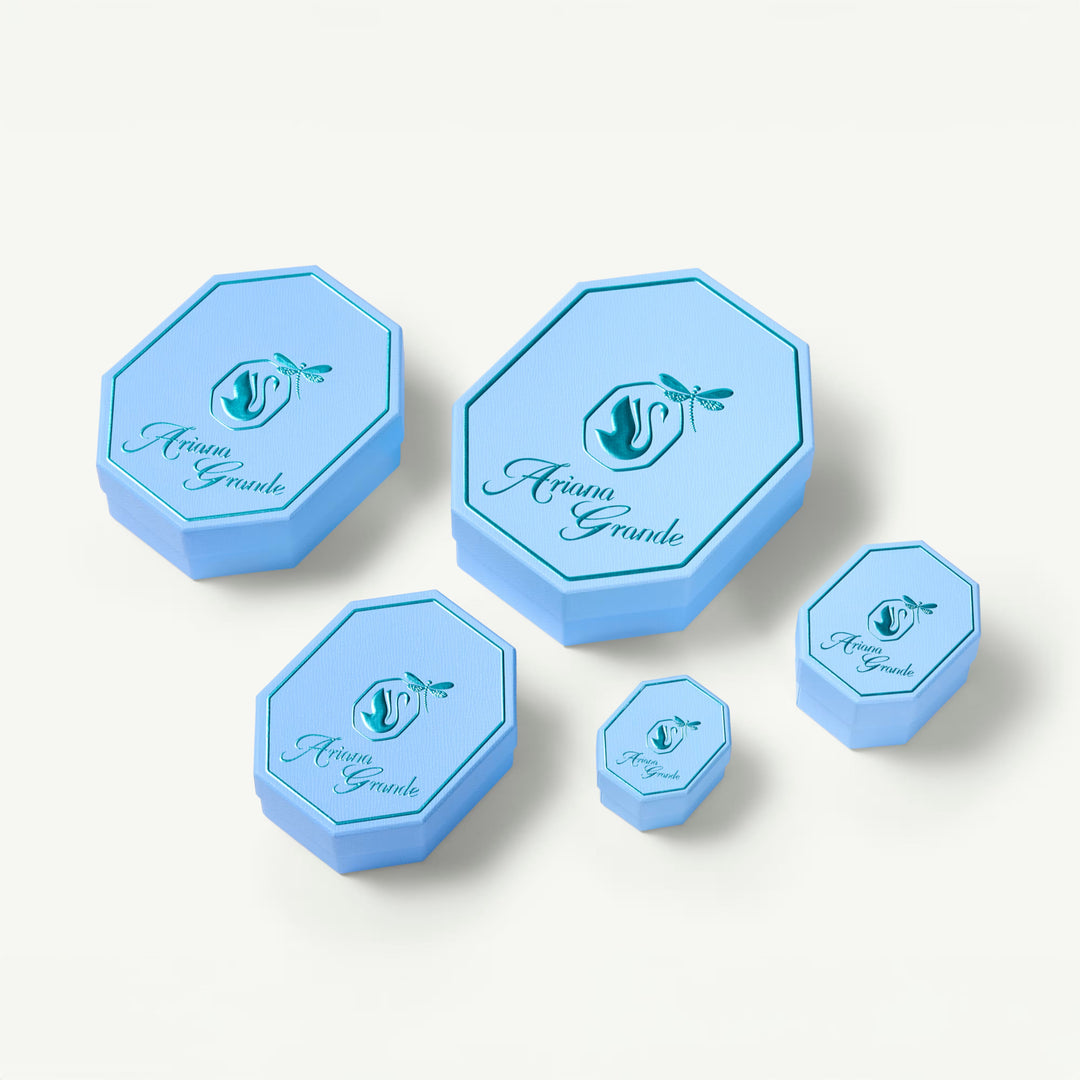 Niche Jewellery Swarovski x Ariana Grande branded light blue hexagonal gift boxes with dragonfly logo