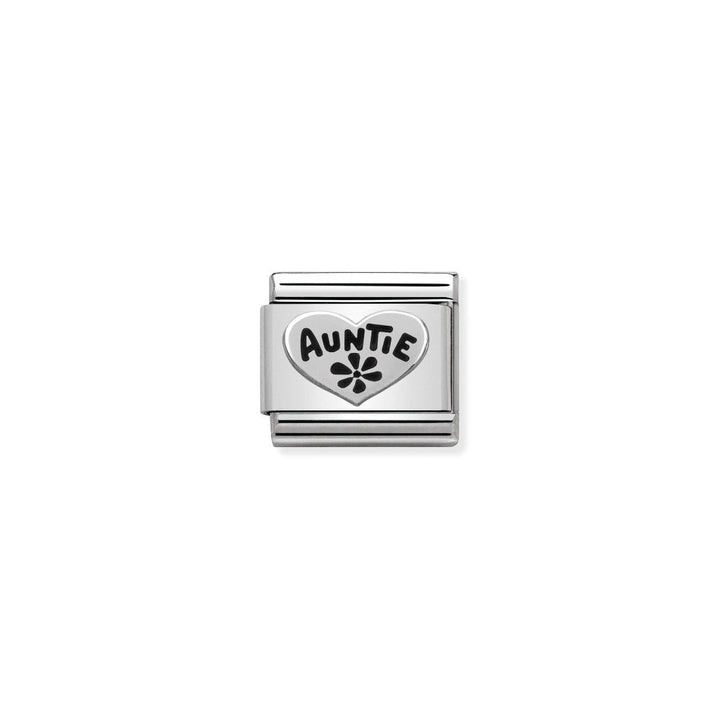 Niche Jewellery silver oxidised charm with a heart engraved with 'Auntie' and a small flower detail.
