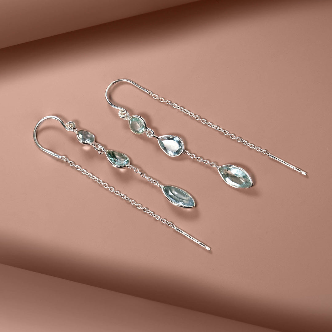 Niche Jewellery Charlotte's Web Azura sterling silver threader earrings with teardrop blue topaz stones