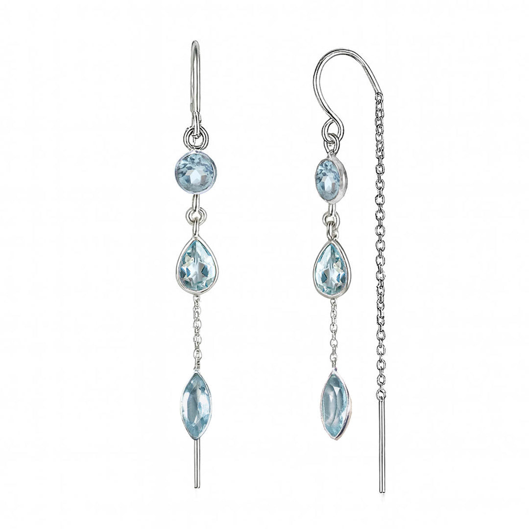 Niche Jewellery Charlotte's Web Azura sterling silver threader earrings with blue topaz stones in drop design