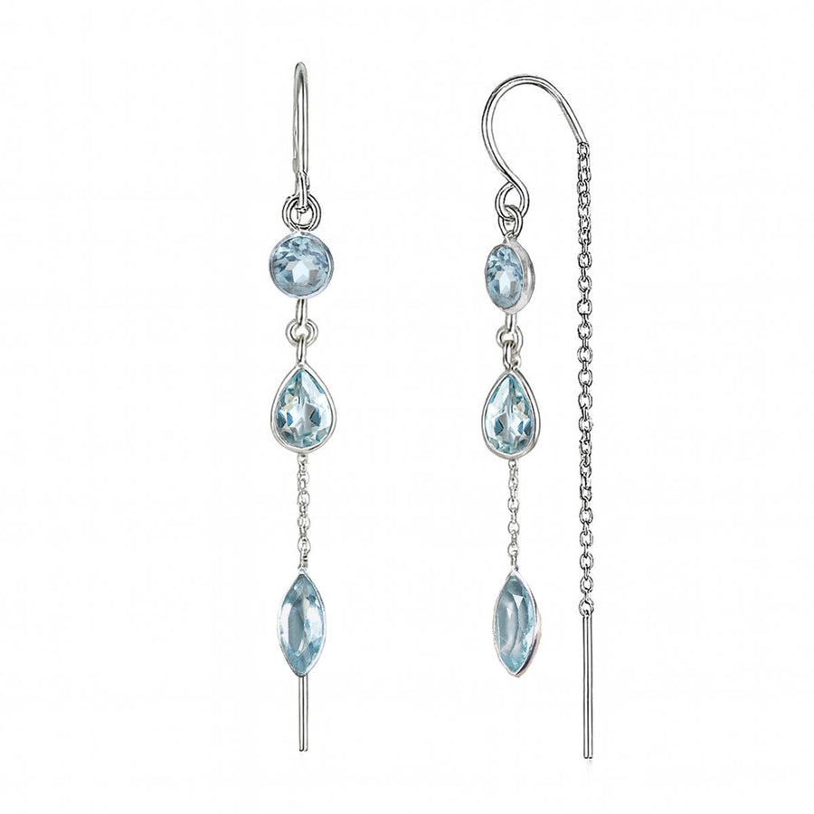 Niche Jewellery Charlotte's Web Azura sterling silver threader earrings with blue topaz stones in drop design