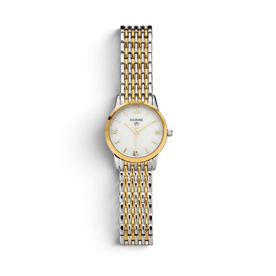 Niche Jewellery D.Louise bi-metal watch with a round white face and two-tone gold and silver link bracelet