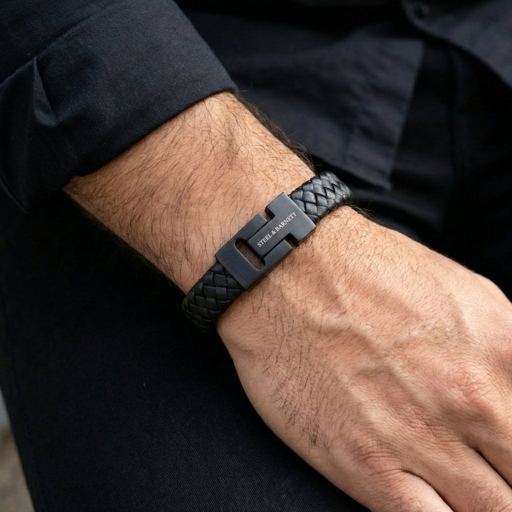 Niche Jewellery Steel & Barnett thick black braided nappa leather bracelet with a matte black magnetic steel clasp.