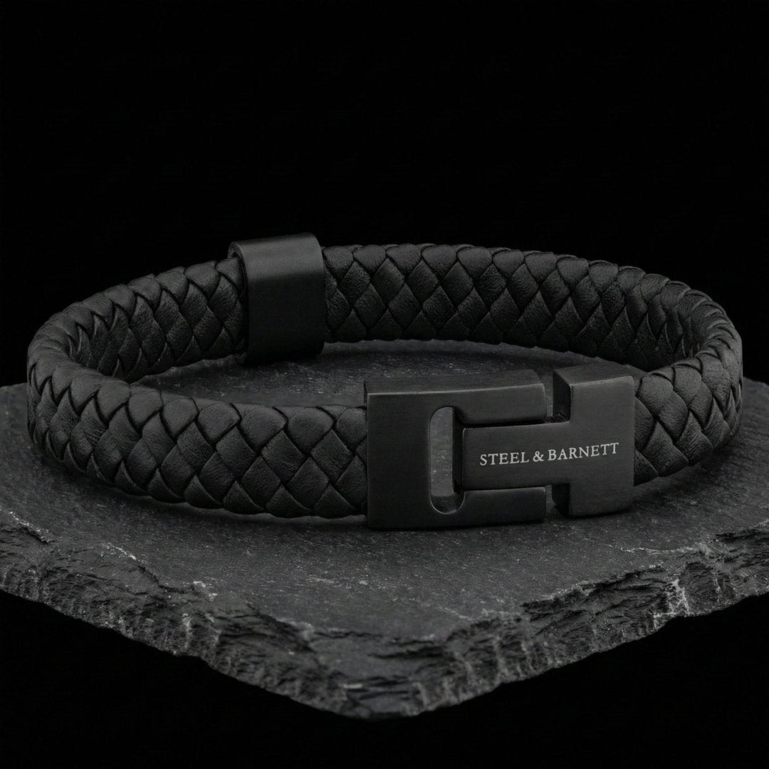 Niche Jewellery Steel & Barnett thick black braided nappa leather bracelet with matte black magnetic steel clasp.