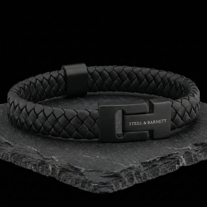 Niche Jewellery Steel & Barnett thick black braided nappa leather bracelet with matte black magnetic steel clasp.