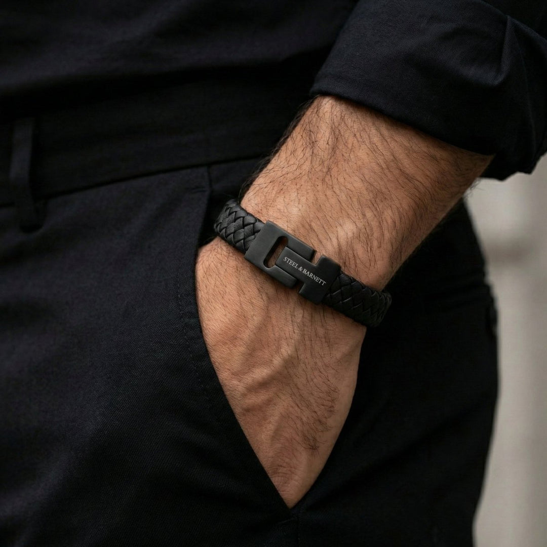 Niche Jewellery Steel & Barnett thick black braided nappa leather bracelet with matte black magnetic steel clasp