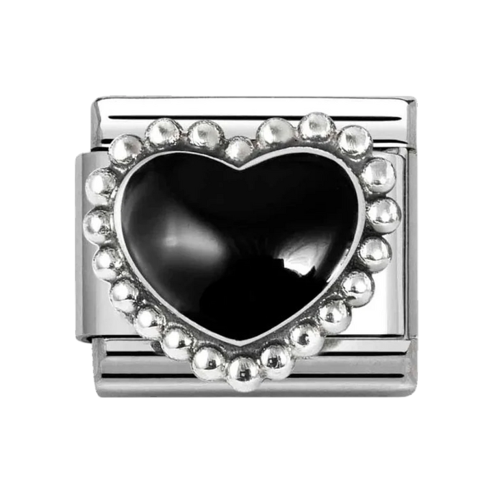 Niche Jewellery Nomination charm featuring a raised black enamel heart with a dotted silver border on stainless steel.