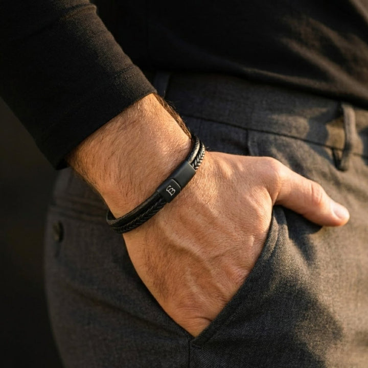 Niche Jewellery Steel & Barnett dual-band black leather bracelet with braided detail and matte stainless steel clasp
