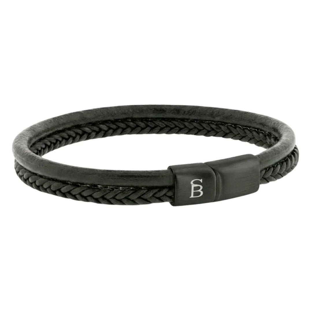 Niche Jewellery Steel & Barnett black leather dual-band bracelet with braided detail and matte stainless steel clasp