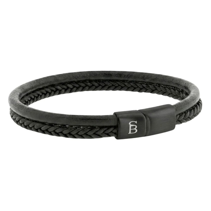 Niche Jewellery Steel & Barnett black leather dual-band bracelet with braided detail and matte stainless steel clasp
