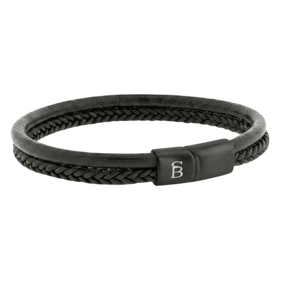 Niche Jewellery Steel & Barnett black leather dual-band bracelet with braided detail and matte stainless steel clasp