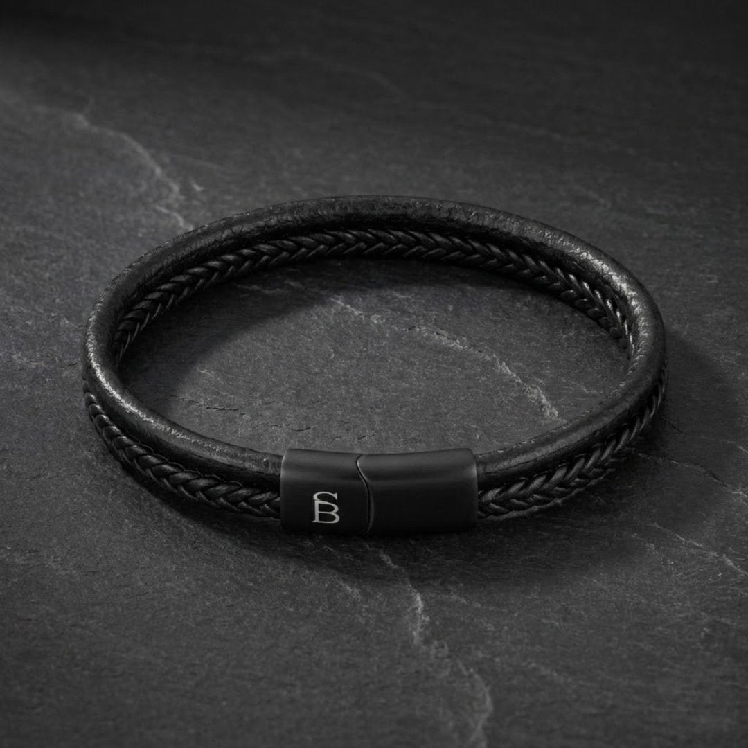 Niche Jewellery Steel & Barnett black leather dual-band bracelet with a matte stainless steel magnetic clasp