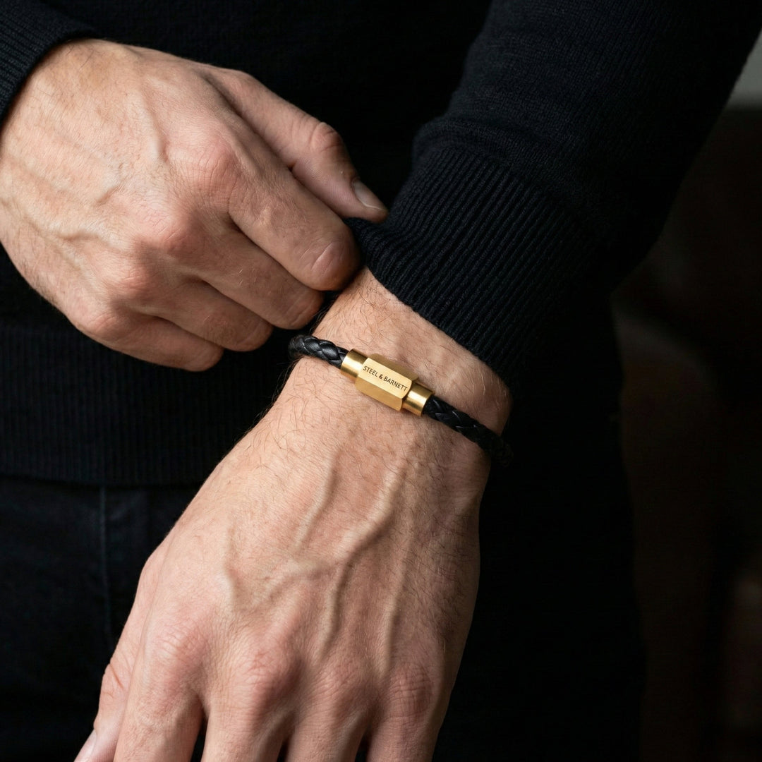 Niche Jewellery Steel & Barnett black braided nappa leather bracelet with 18K gold plated magnetic clasp on wrist