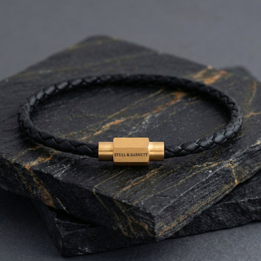 Niche Jewellery Steel & Barnett thin black braided nappa leather bracelet with a gold-plated magnetic clasp