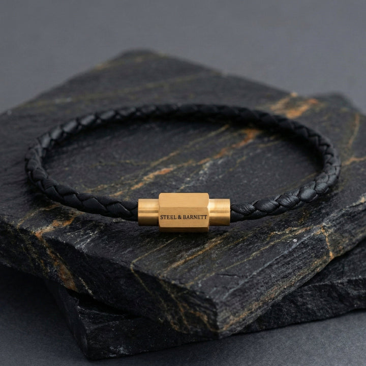 Niche Jewellery Steel & Barnett thin black braided nappa leather bracelet with a gold-plated magnetic clasp