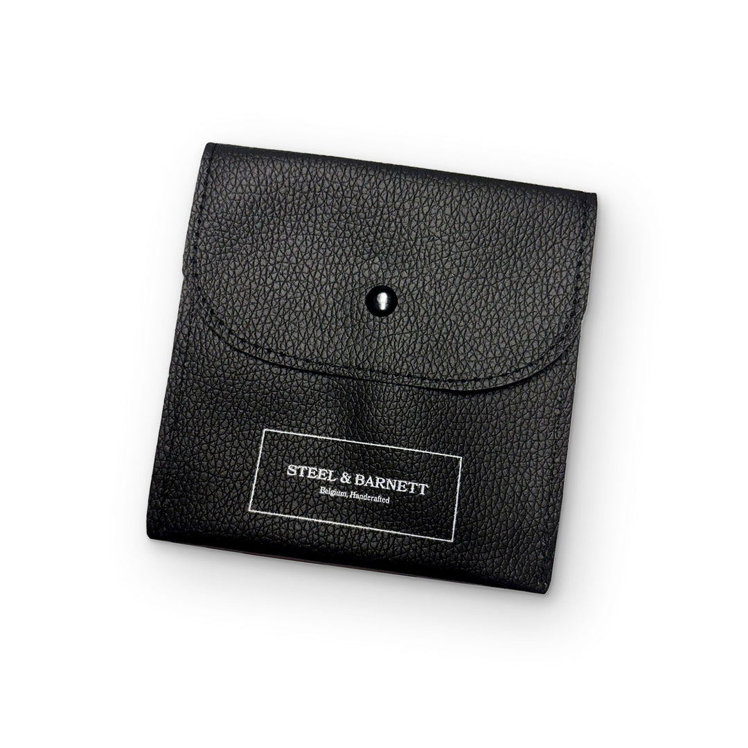 Niche Jewellery black leatherette pouch with Steel & Barnett branding for storing a stainless steel rope bracelet.