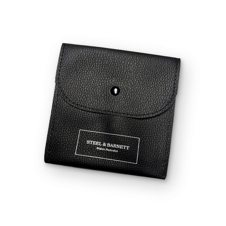 Niche Jewellery black textured leather pouch with Steel & Barnett logo for storing gemstone bracelets