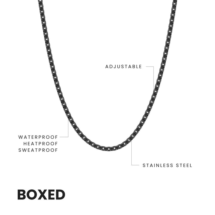 Niche Jewellery thin black box chain necklace in 316L stainless steel with adjustable length and waterproof finish.