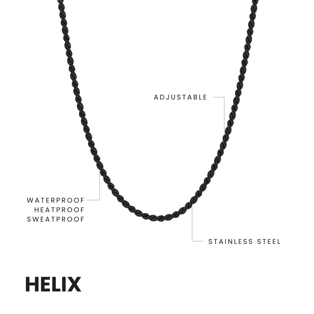Niche Jewellery black stainless steel twisted rope chain necklace with DNA helix design and adjustable length.
