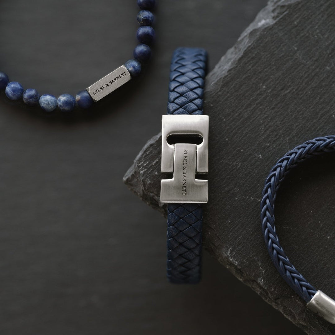 Niche Jewellery Steel & Barnett blue bracelet set featuring braided leather, stone beads, and brushed silver accents.