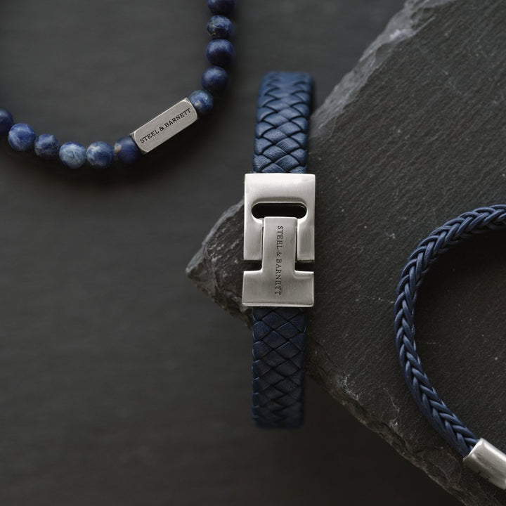 Niche Jewellery Steel & Barnett blue bracelet set featuring braided leather, stone beads, and brushed silver accents.