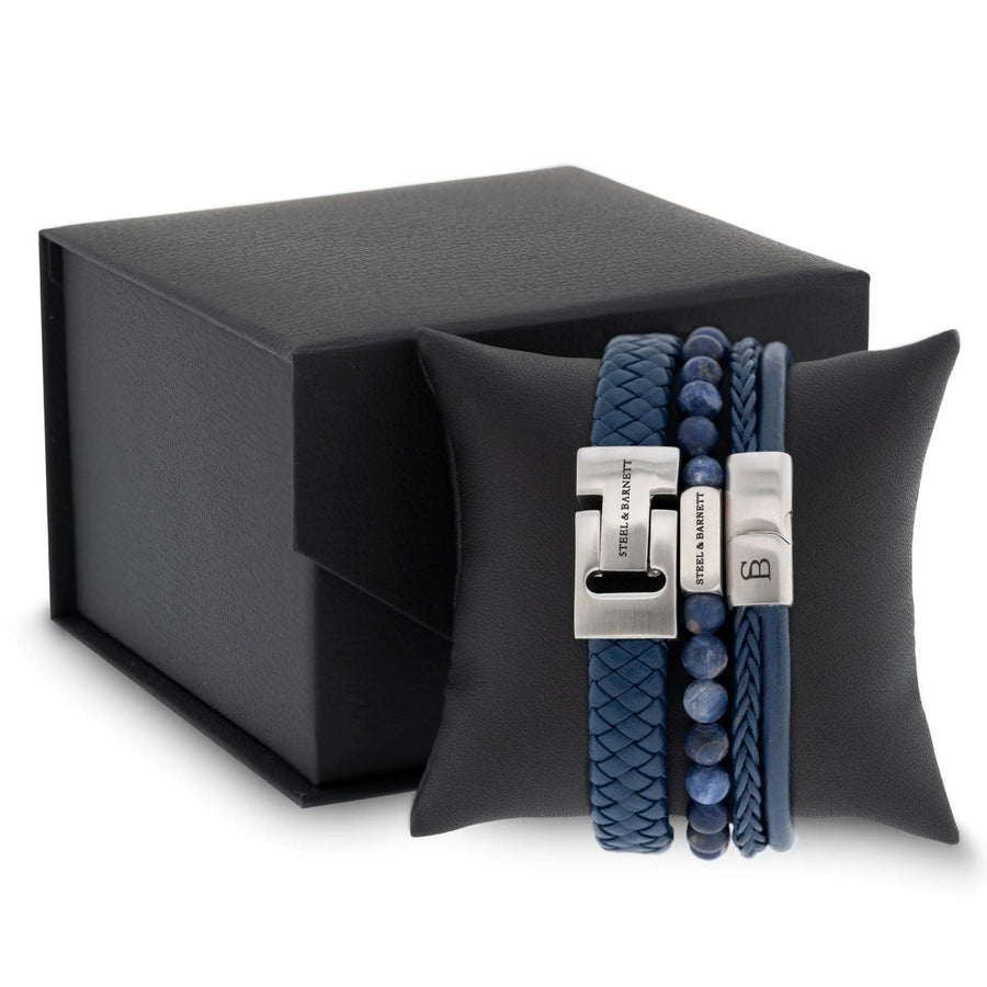 Niche Jewellery Steel & Barnett navy blue braided leather, stone bead, and rope bracelet set with silver accents.