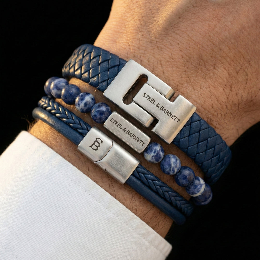 Niche Jewellery Steel & Barnett blue bracelet set featuring braided leather, stone beads, and brushed silver accents.