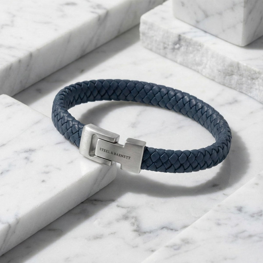 Niche Jewellery Steel & Barnett denim blue braided nappa leather men's bracelet with stainless steel magnetic clasp.