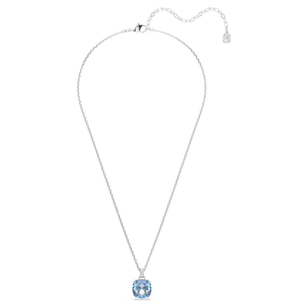 Niche Jewellery Swarovski Millenia pendant necklace featuring a blue cushion-cut crystal on a rhodium-plated chain.