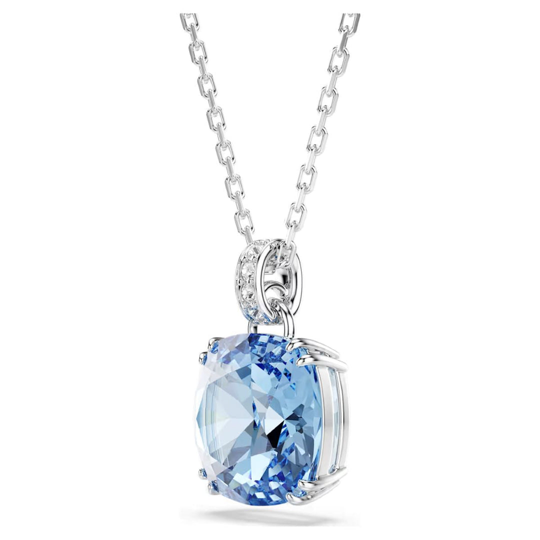 Niche Jewellery Swarovski Millenia pendant featuring a blue cushion-cut crystal on a rhodium-plated chain.