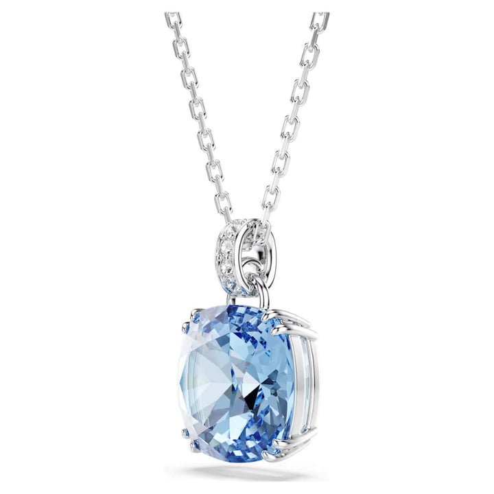 Niche Jewellery Swarovski Millenia pendant featuring a blue cushion-cut crystal on a rhodium-plated chain.